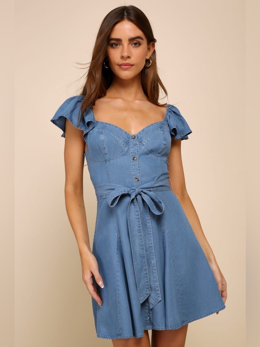 Lulus Sweetest Stance Blue Chambray Button-Front Mini Dress Size XS NWT Country